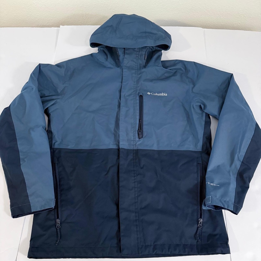 Columbia Mens Omni-Tech Rain Jacket Blue Two Tone Hooded Waterproof Coat Medium